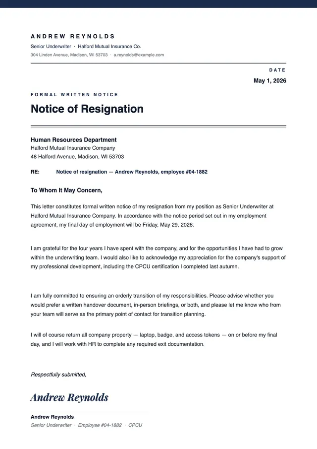 notice-of-resignation-letter form