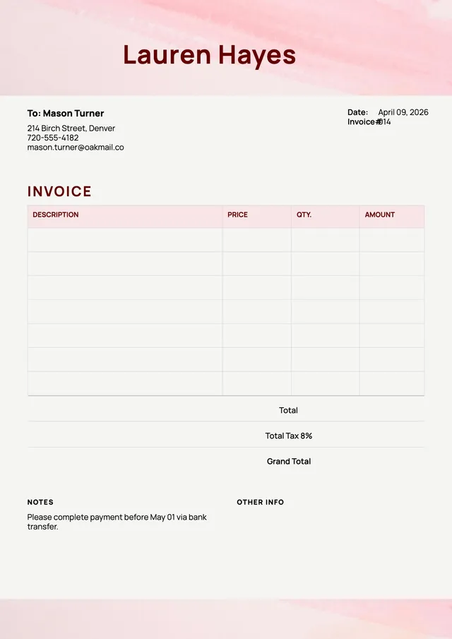 pink-watercolor-catering-invoice form