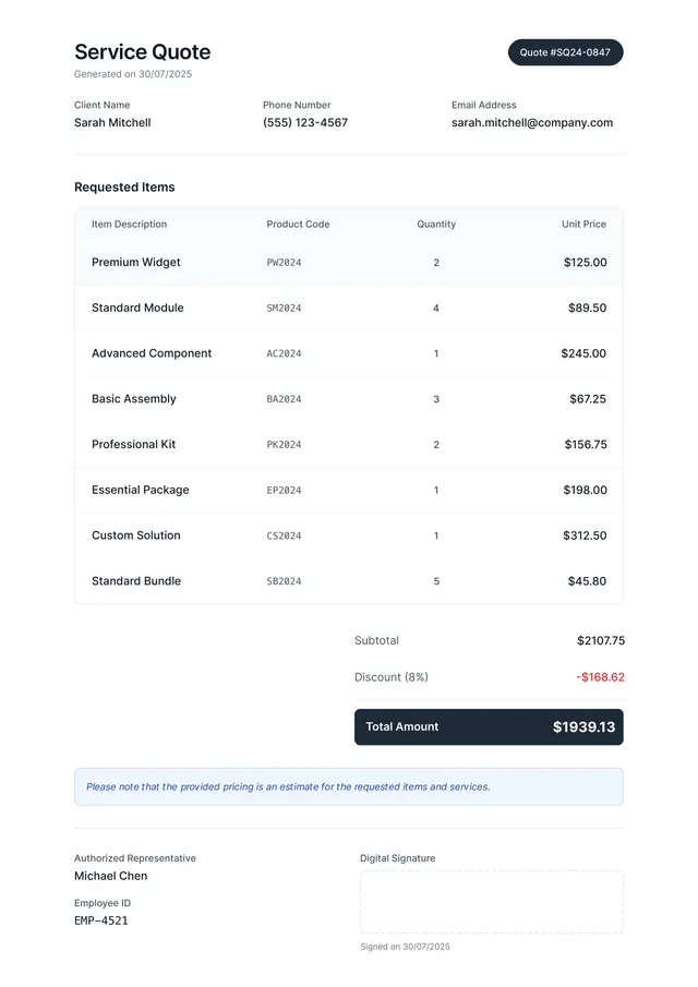 product-quote form