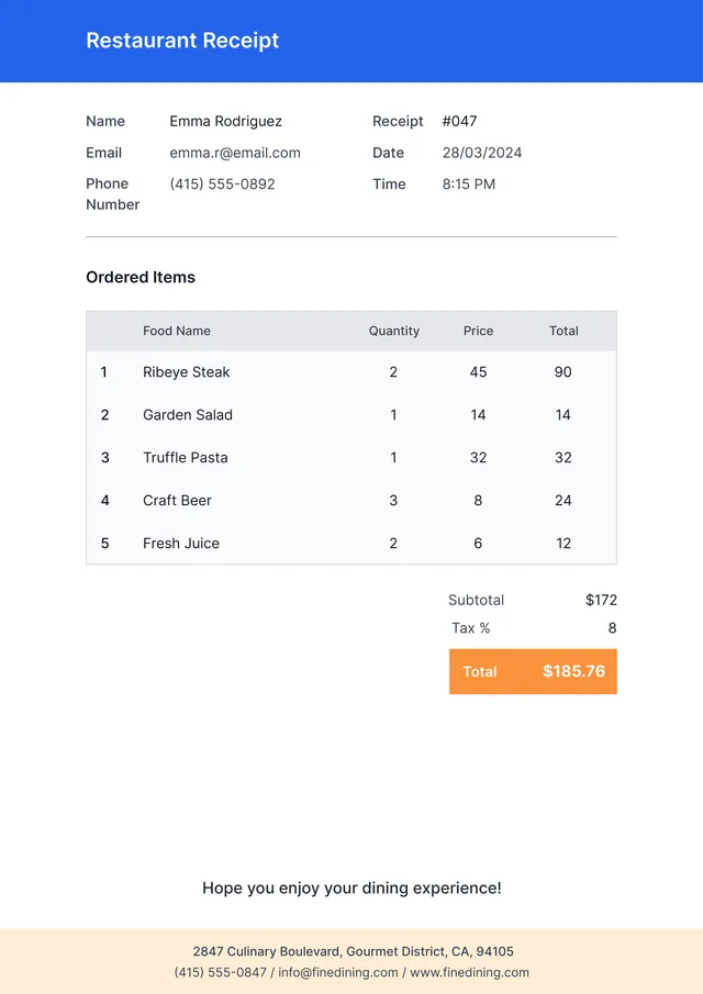 restaurant-receipt form