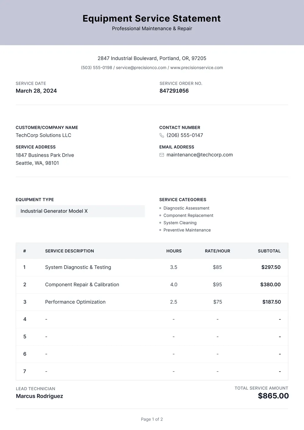 small-engine-repair-invoice form